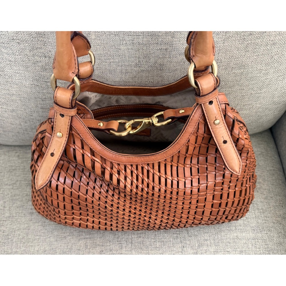 Cole Haan Woven Leather Hobo Bag Cognac Brown Satchel Gold Hardware - Picture 6 of 11